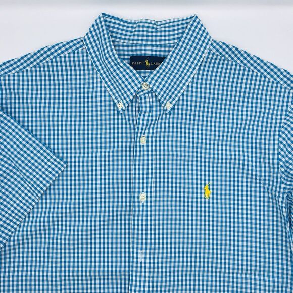 Ralph Lauren Shirt Teal White Gingham Short Sleeve Button Down Yellow Pony XL - Picture 3 of 7